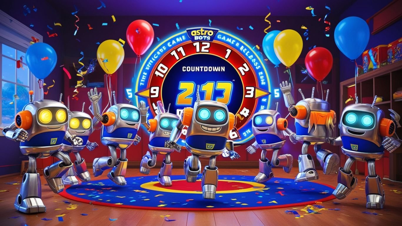 A countdown event in Astro's Playroom, with excited Astro Bots celebrating the upcoming game release.